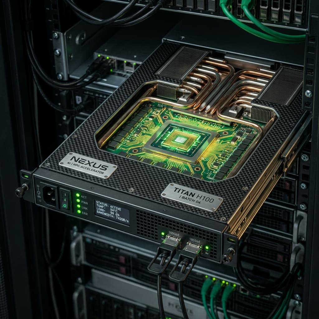 Nvidia-style GPU server blade with glowing circuits in rack