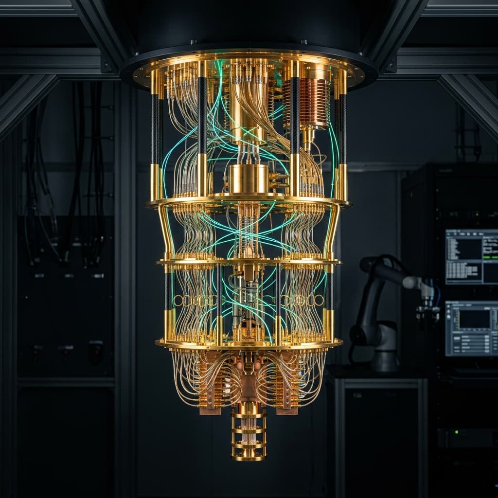 Quantum Dilution Refrigerator suspended in dark laboratory
